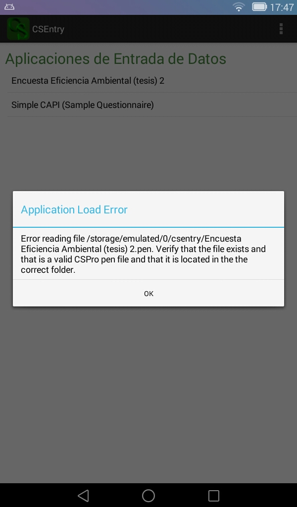 Error message in the Android tablet