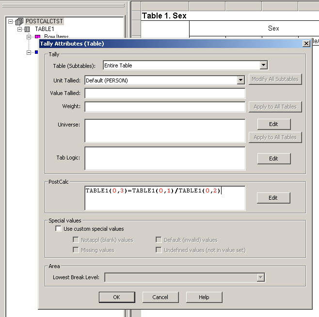 Tally Attributes (Table) Dialog Box with PostCalc